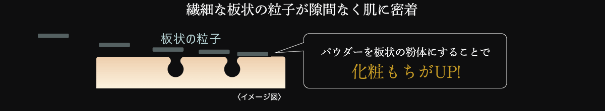 Пластинчатые частицы Нежные пластинчатые частицы прилипают к коже без зазоров. Превращая пудру в пластинчатую пудру, макияж держится дольше! <Изображение>