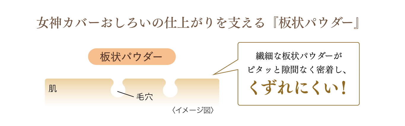 女神カバーおしろいの仕上がりを支える『板状パウダー』 繊細な板状パウダーがピタッと隙間なく密着し、くずれにくい！〈イメージ図〉