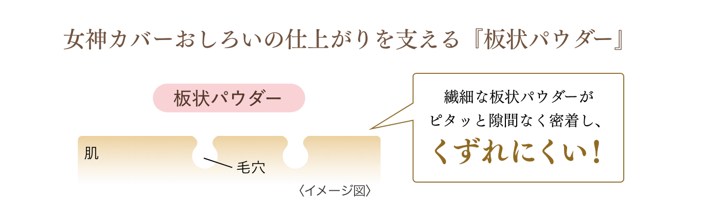 女神カバーおしろいの仕上がりを支える『板状パウダー』 繊細な板状パウダーがピタッと隙間なく密着し、くずれにくい！〈イメージ図〉