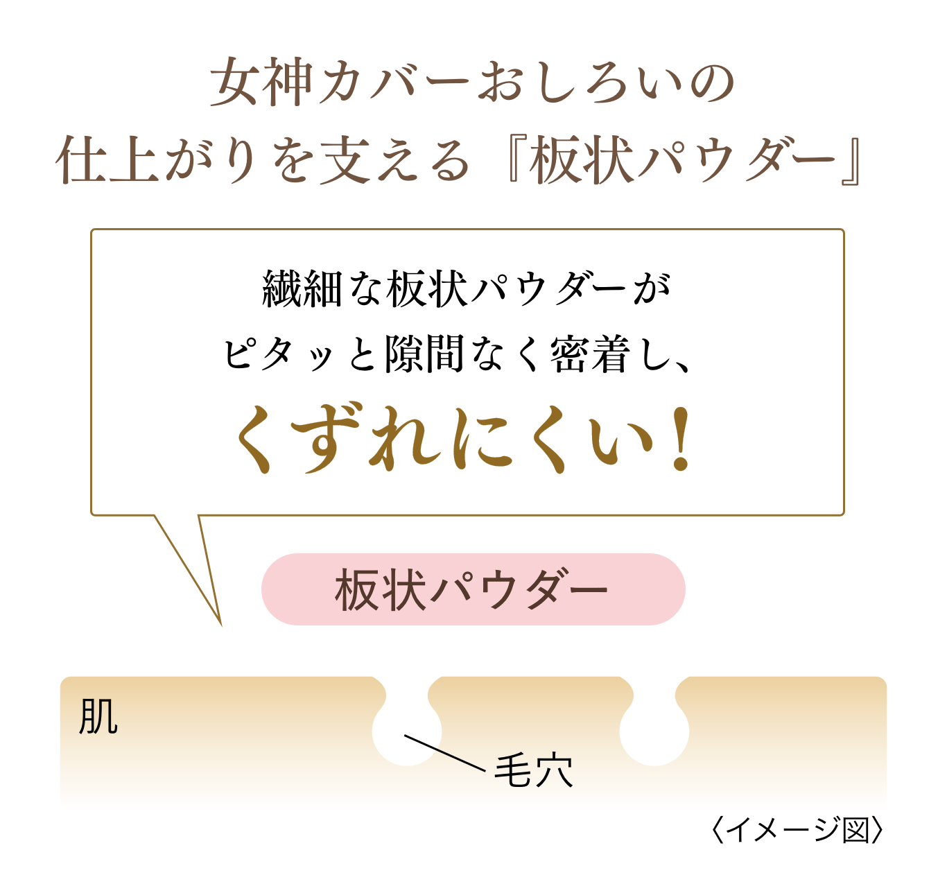 女神カバーおしろいの仕上がりを支える『板状パウダー』 繊細な板状パウダーがピタッと隙間なく密着し、くずれにくい！〈イメージ図〉