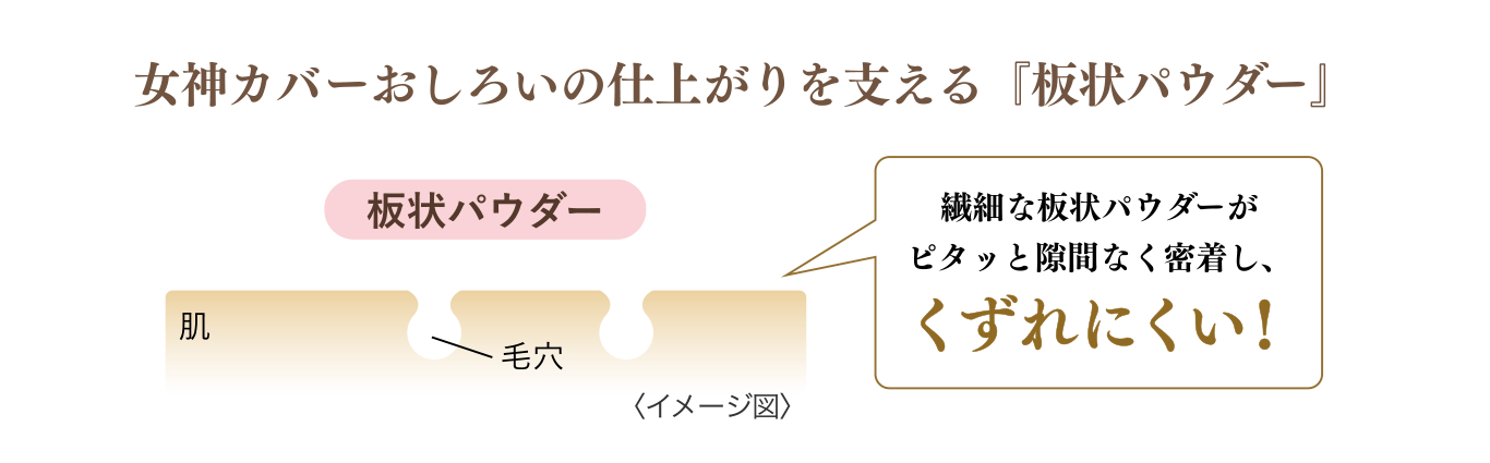 女神カバーおしろいの仕上がりを支える『板状パウダー』 繊細な板状パウダーがピタッと隙間なく密着し、くずれにくい!〈イメージ図〉